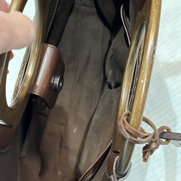 Vintage Fossil Shoulder Bag Wood Handle Rattan Brown Woven Wicker Dbl Handle - Picture 6 of 13